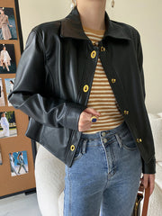 Derpai Damenjacke aus PU-Leder mit Knopfleiste modisch Schwarz