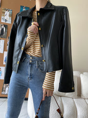 Derpai Damenjacke aus PU-Leder mit Knopfleiste modisch Schwarz