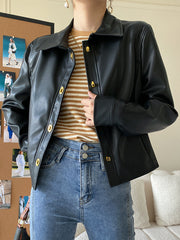 Derpai Damenjacke aus PU-Leder mit Knopfleiste modisch Schwarz