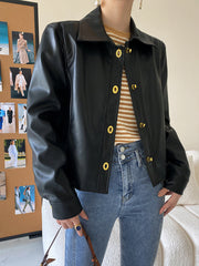 Derpai Damenjacke aus PU-Leder mit Knopfleiste modisch Schwarz