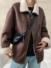 Derpai Fliegerjacke aus Kunstleder wendbar Knopfleiste Damen