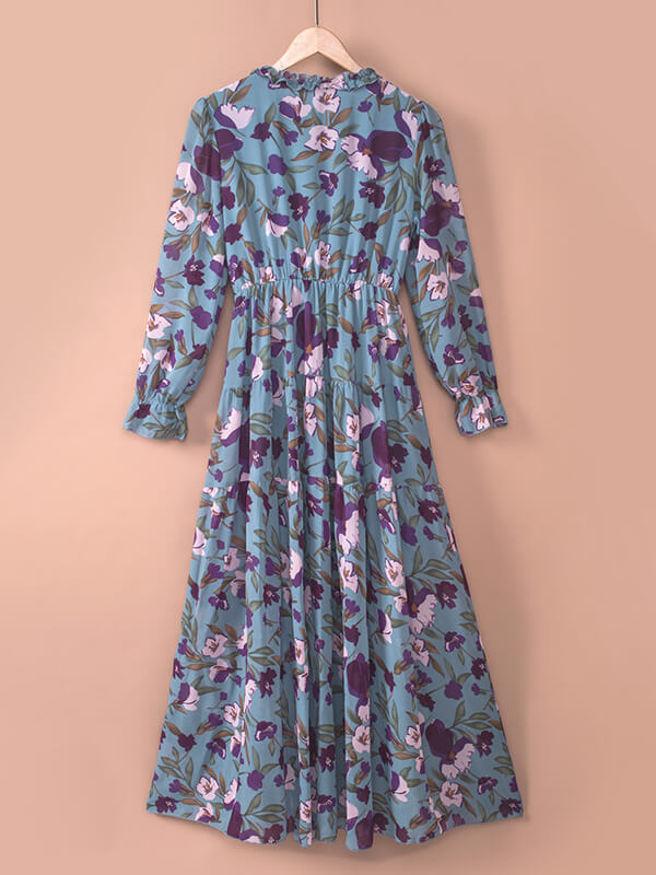 Derpai Langes Kleid aus Chiffon mit Blumenmuster langen Ärmeln & V-Ausschnitt – elegant