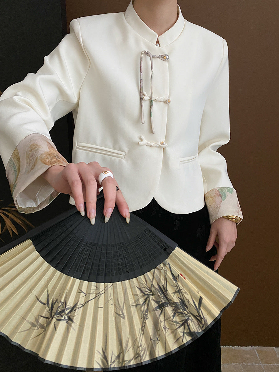 Derpai Elegante Jacke mit chinesischen Knöpfen Stehkragen und Taschen