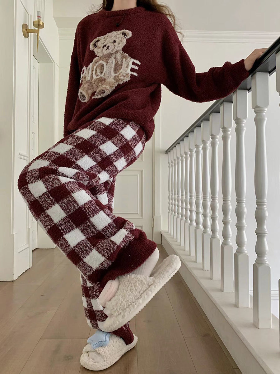 Derpai Pyjama-Set aus Fleece mit Bären-Karo-Muster Damen Weihnachten