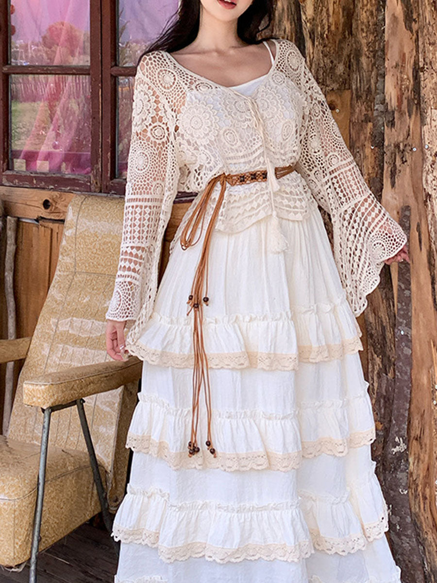 Derpai Langer Boho-Rock im Lagenlook aus Spitze Apricot Damen
