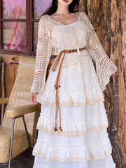 Derpai Langer Boho-Rock im Lagenlook aus Spitze Apricot Damen