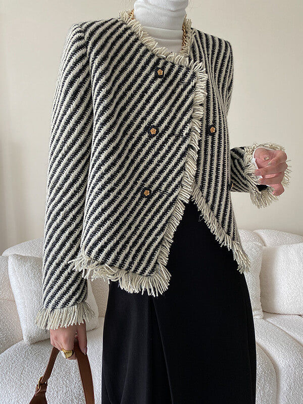 Derpai Kurze Tweedjacke mit Fransen Streifen und Taschen Damen elegant