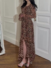 Derpai Langes Chiffon-Abendkleid mit Leopardenprint ausgestellten Ärmeln & eckigem Ausschnitt – für Hochzeit