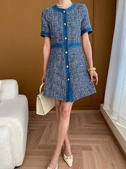 Derpai Mini-Tweedkleid aus Denim mit Rundhalsausschnitt & Taschen – für Abschlussball