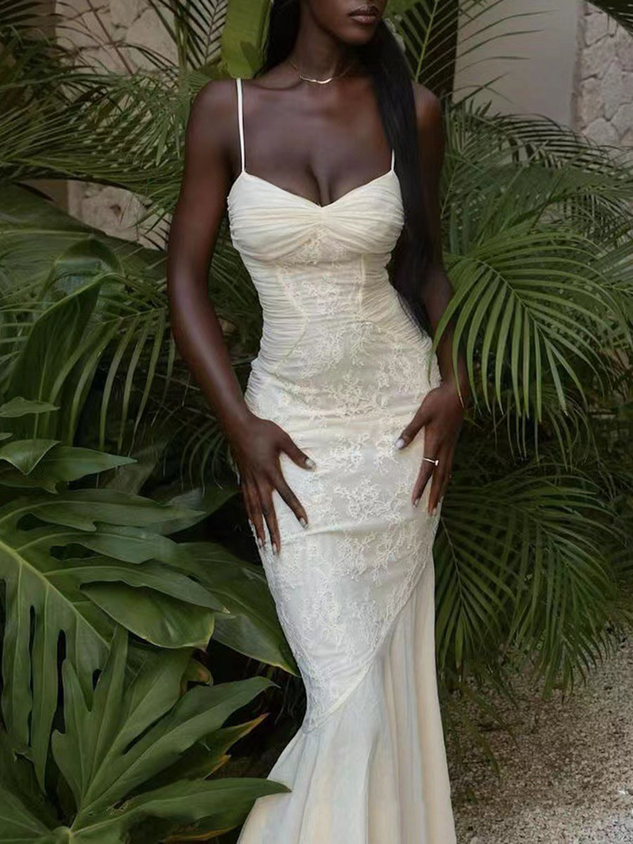 Derpai Langes figurbetontes Abendkleid aus Spitze und Chiffon Meerjungfrau-Stil