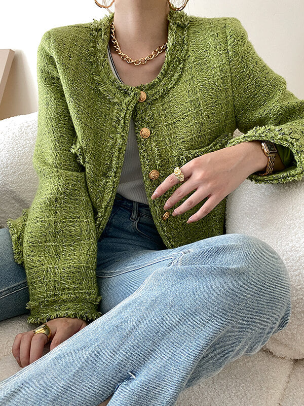 Derpai Kurze Tweedjacke mit Knöpfen Rundhalsausschnitt und Taschen Damen