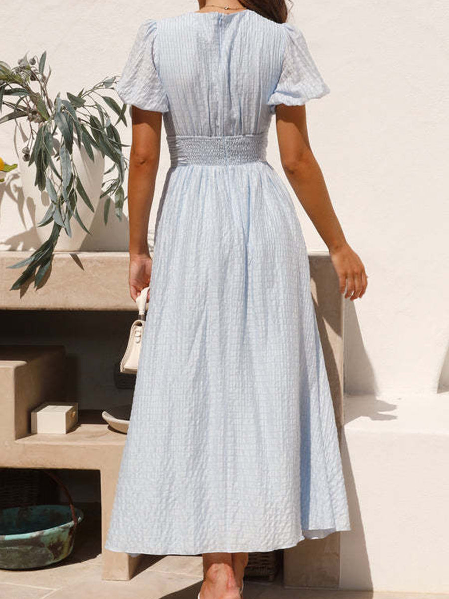 Derpai Langes Kleid mit Knopfleiste V-Ausschnitt Puffärmel elegant