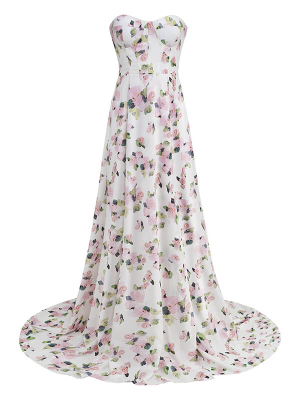 Derpai Bustier-Maxi-Abendkleid mit Blumenprint & Schlitz – für Hochzeit
