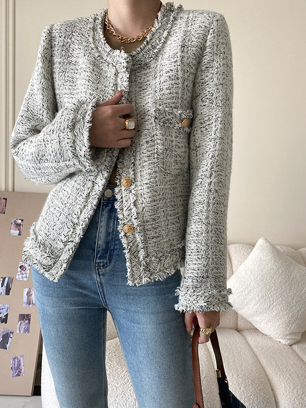 Derpai Kurze Tweedjacke mit Knöpfen Rundhalsausschnitt und Taschen Damen