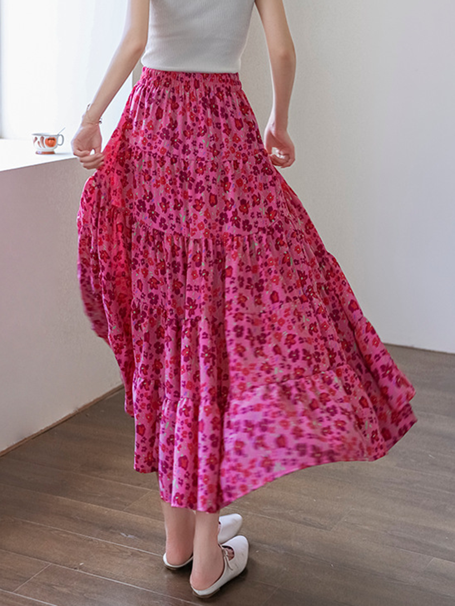 Derpai Boho-Maxirock aus Chiffon mit Blumenprint & Gummibund
