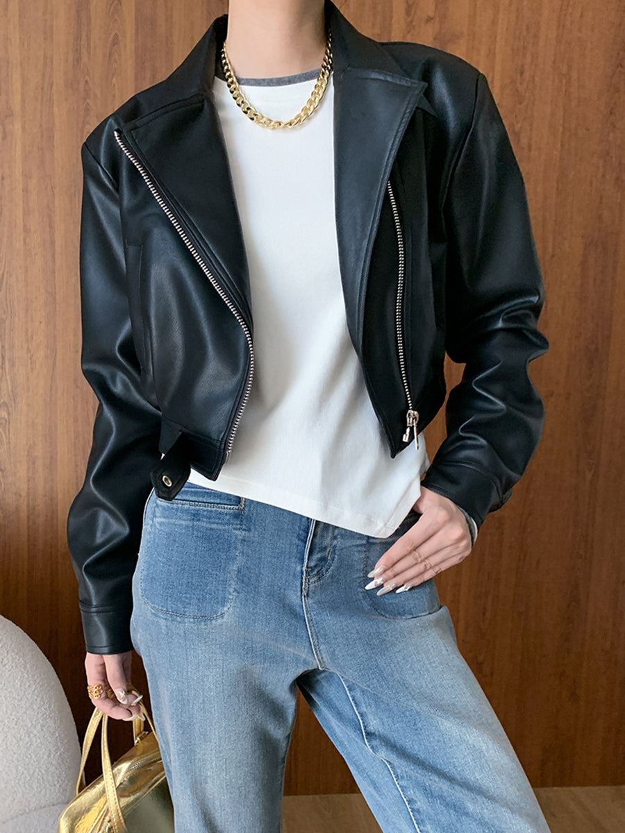 Derpai Kurze Damen-Bikerjacke aus Kunstleder mit Taschen und Reißverschluss