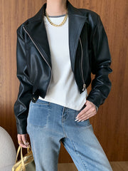 Derpai Kurze Damen-Bikerjacke aus Kunstleder mit Taschen und Reißverschluss