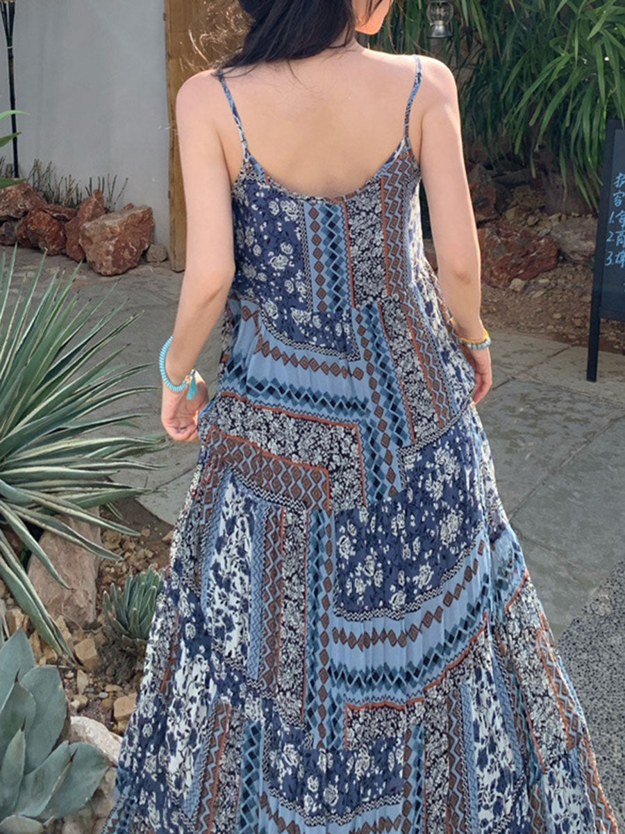 Derpai Langes Boho-Kleid mit Blumenprint und feinen Trägern Blau