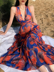 Derpai Langes Neckholder-Kleid mit Rüschen und Rückenausschnitt Orange