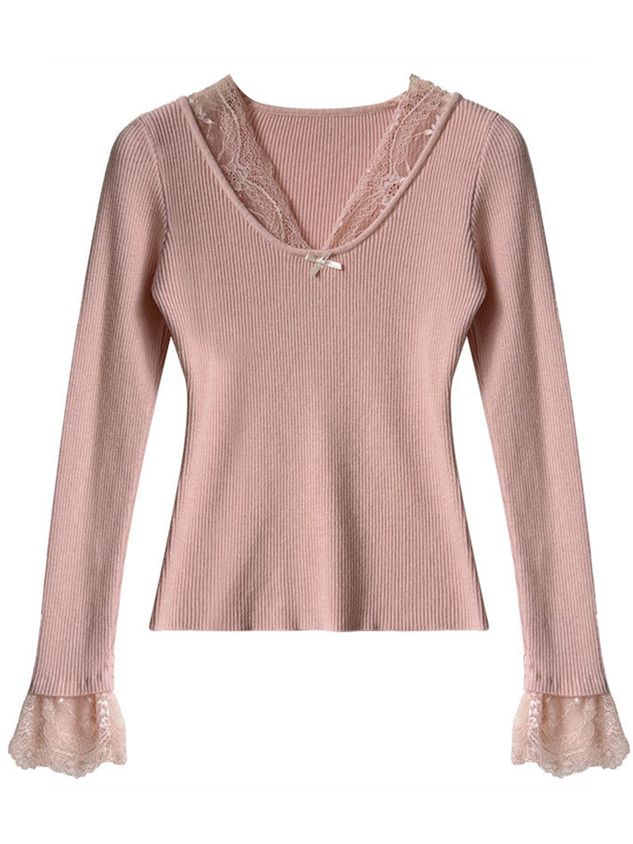 Derpai Strickpullover mit Spitzenmuster V-Ausschnitt ausgestellte Ärmel elegant