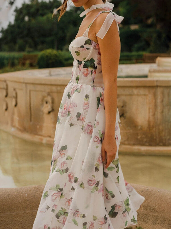 Derpai Midilanges elegantes Blumen-Abendkleid aus Chiffon