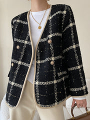 Derpai Tweedjacke mit Steppfutter Karomuster doppelreihige Knopfleiste Damen