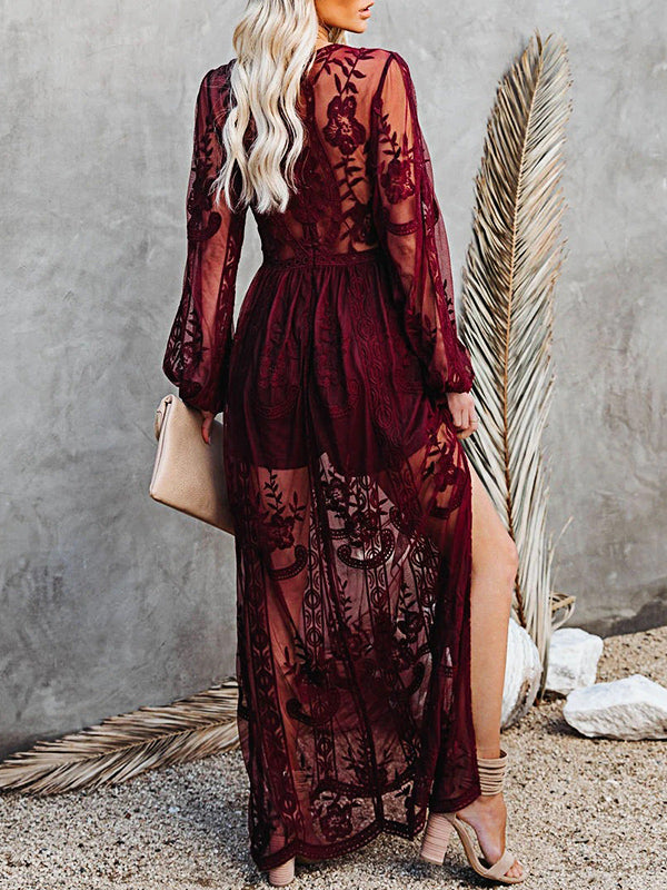 Derpai Langes Spitzenkleid mit Schlitz & V-Ausschnitt Boho-Stil