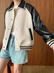 Derpai Wolljacke mit Kunstlederbesatz im Colour-Blocking Damen modisch