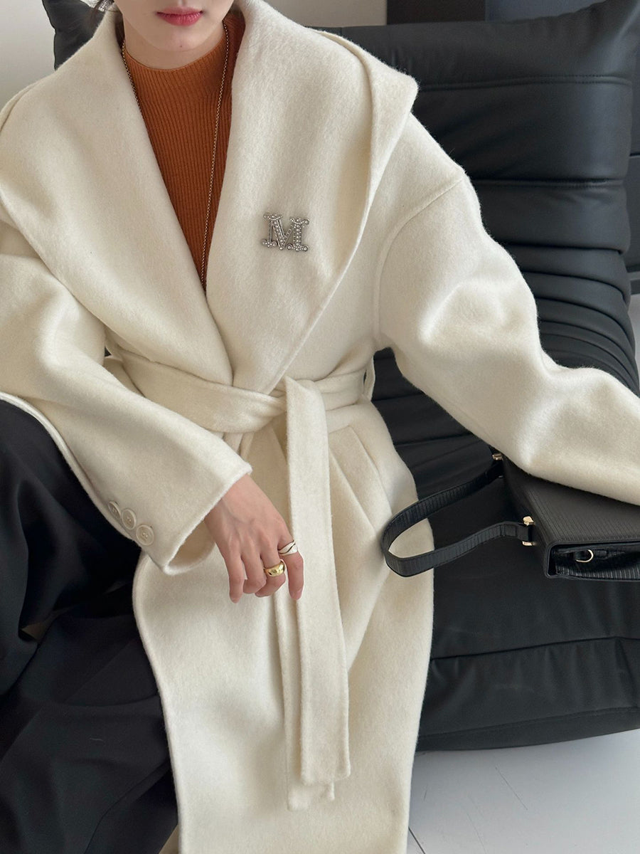 Derpai Langer Wollmantel mit Taschen Gürtel und Kapuze Damen