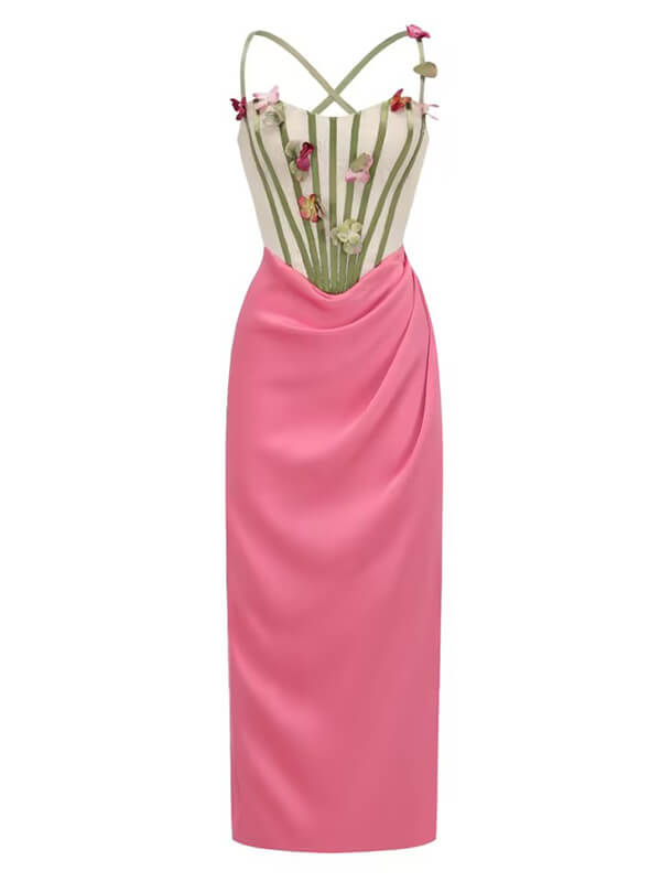 Derpai Figurbetontes langes Kleid mit Blumenmuster & Schnürung – für Ball oder Hochzeit