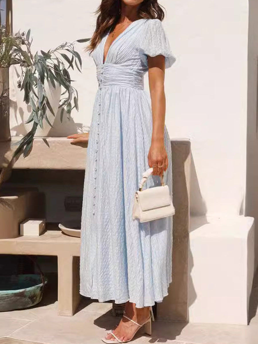 Derpai Langes Kleid mit Knopfleiste V-Ausschnitt Puffärmel elegant