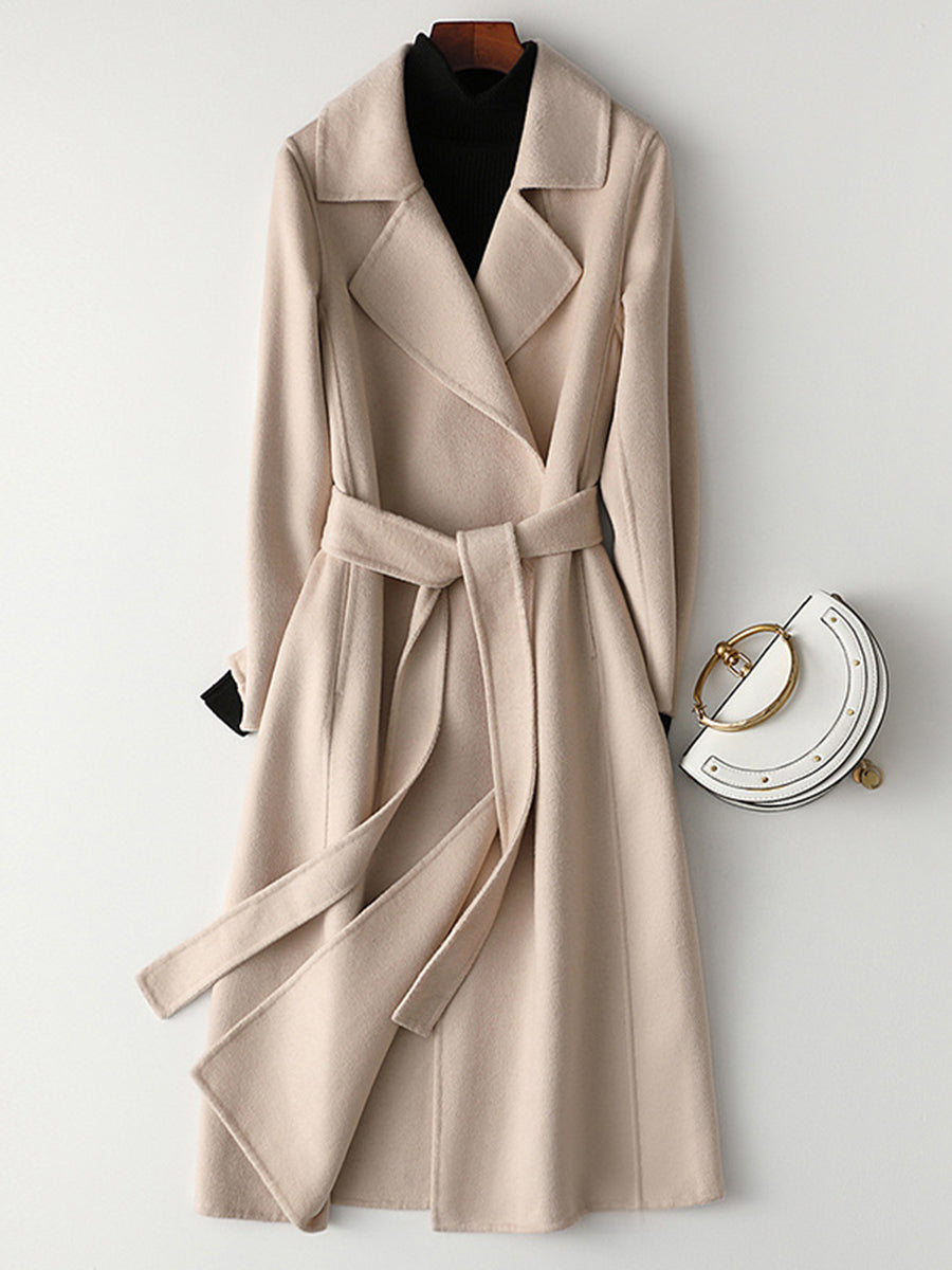 Derpai Langer Oversized-Wollmantel mit Gürtel und Taschen Damen