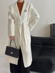 Derpai Langer Wollmantel mit Taschen Gürtel und Kapuze Damen