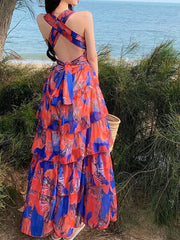 Derpai Langes Neckholder-Kleid mit Rüschen und Rückenausschnitt Orange