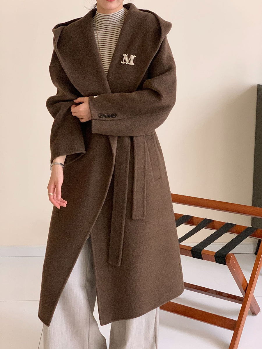 Derpai Langer Wollmantel mit Taschen Gürtel und Kapuze Damen