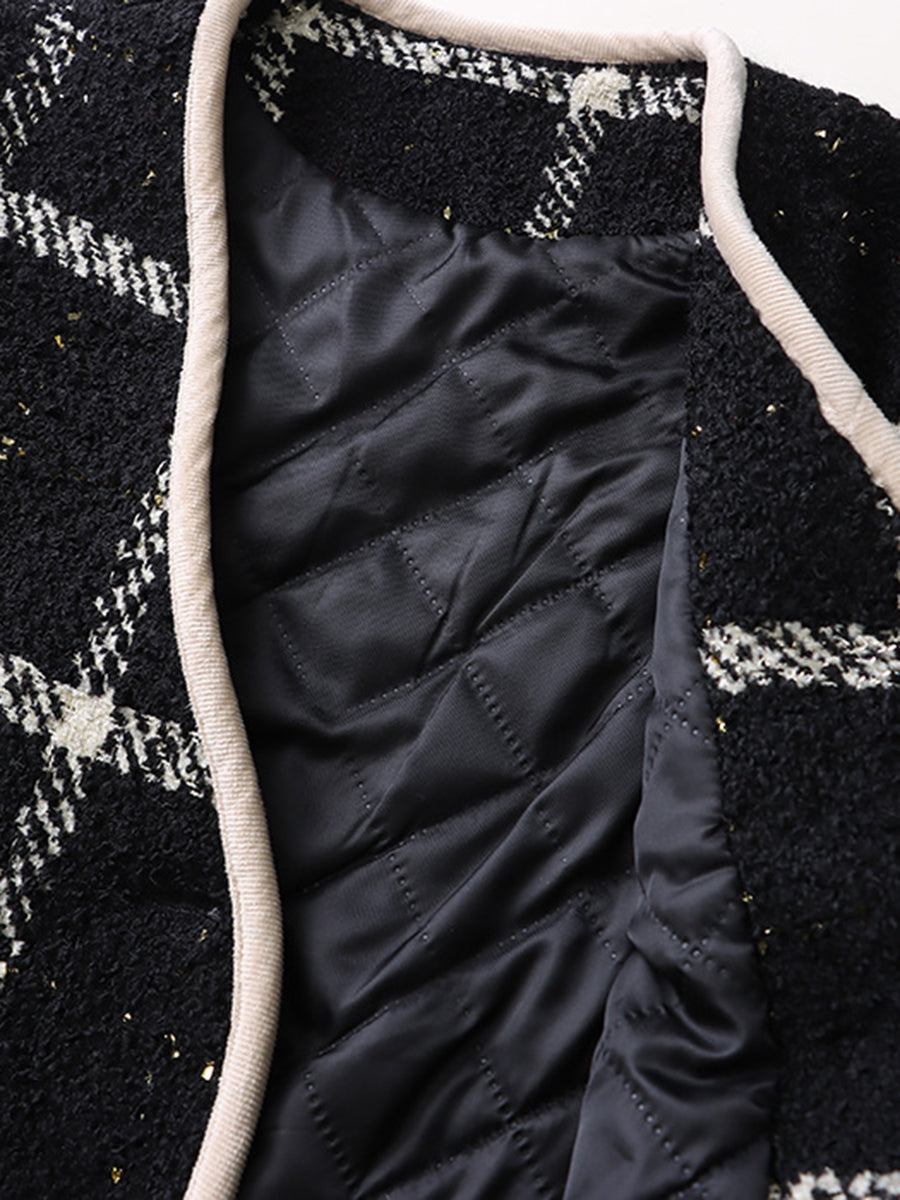 Derpai Tweedjacke mit Steppfutter Karomuster doppelreihige Knopfleiste Damen