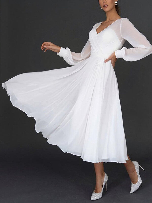 Derpai Weißes langes Chiffon-Abendkleid mit Bischofsärmeln & V-Ausschnitt – elegant