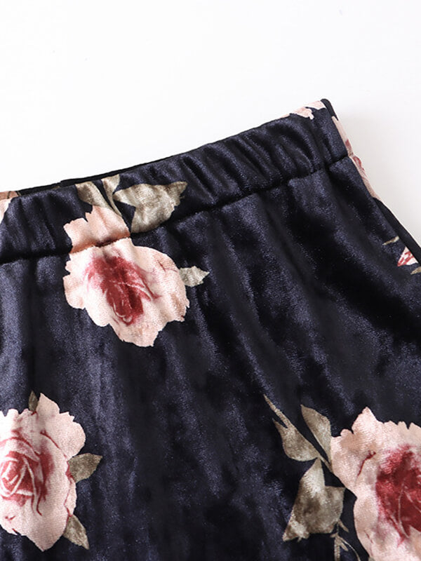 Derpai Langer Samtrock im Vintage-Stil mit Blumenprint