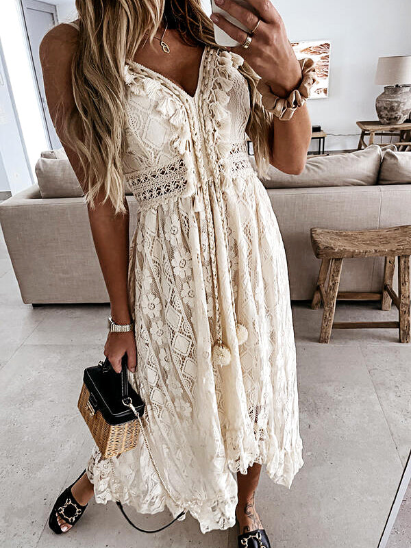 Derpai Boho-Kleid mit Stickerei & Pompons – vorne kurz hinten lang