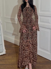Derpai Langes Chiffon-Abendkleid mit Leopardenprint ausgestellten Ärmeln & eckigem Ausschnitt – für Hochzeit