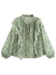 Derpai Bluse mit Puffärmeln Chiffon Blumenprint Jabotkragen grün