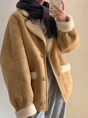 Derpai Oversize-Fliegerjacke aus Wildlederimitat mit Fleece-Futter – Damenmantel