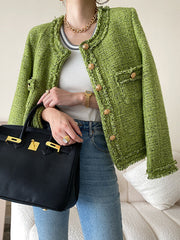 Derpai Kurze Tweedjacke mit Knöpfen Rundhalsausschnitt und Taschen Damen