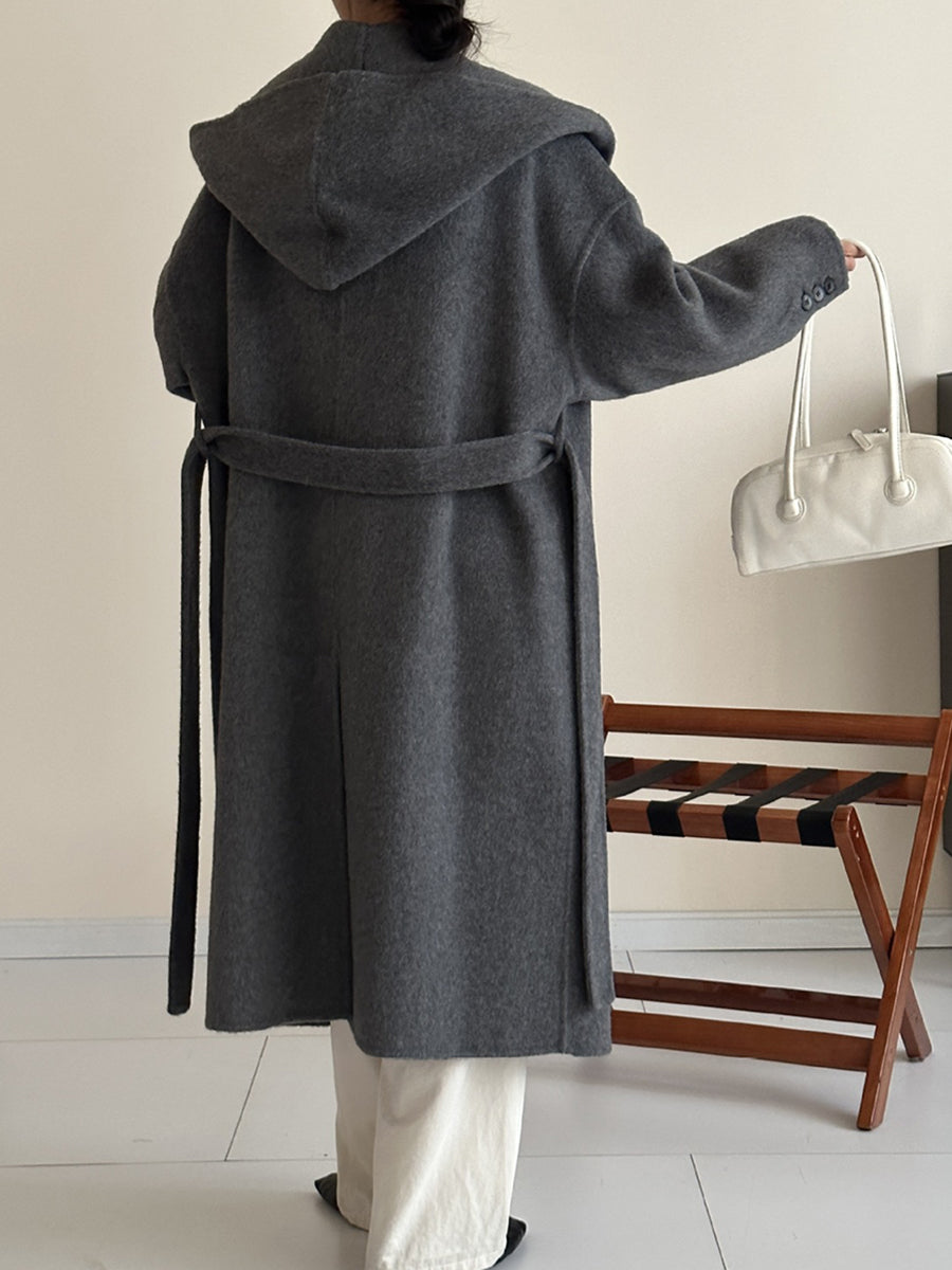 Derpai Langer Wollmantel mit Taschen Gürtel und Kapuze Damen