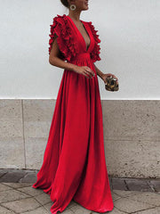 Derpai Maxi-Abendkleid mit Volants & tiefem Ausschnitt – für Hochzeit
