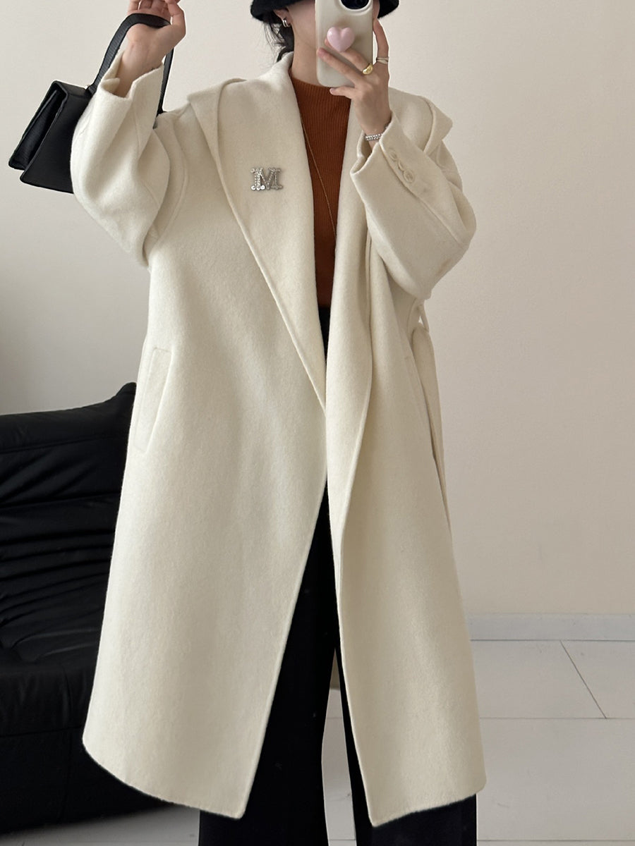 Derpai Langer Wollmantel mit Taschen Gürtel und Kapuze Damen