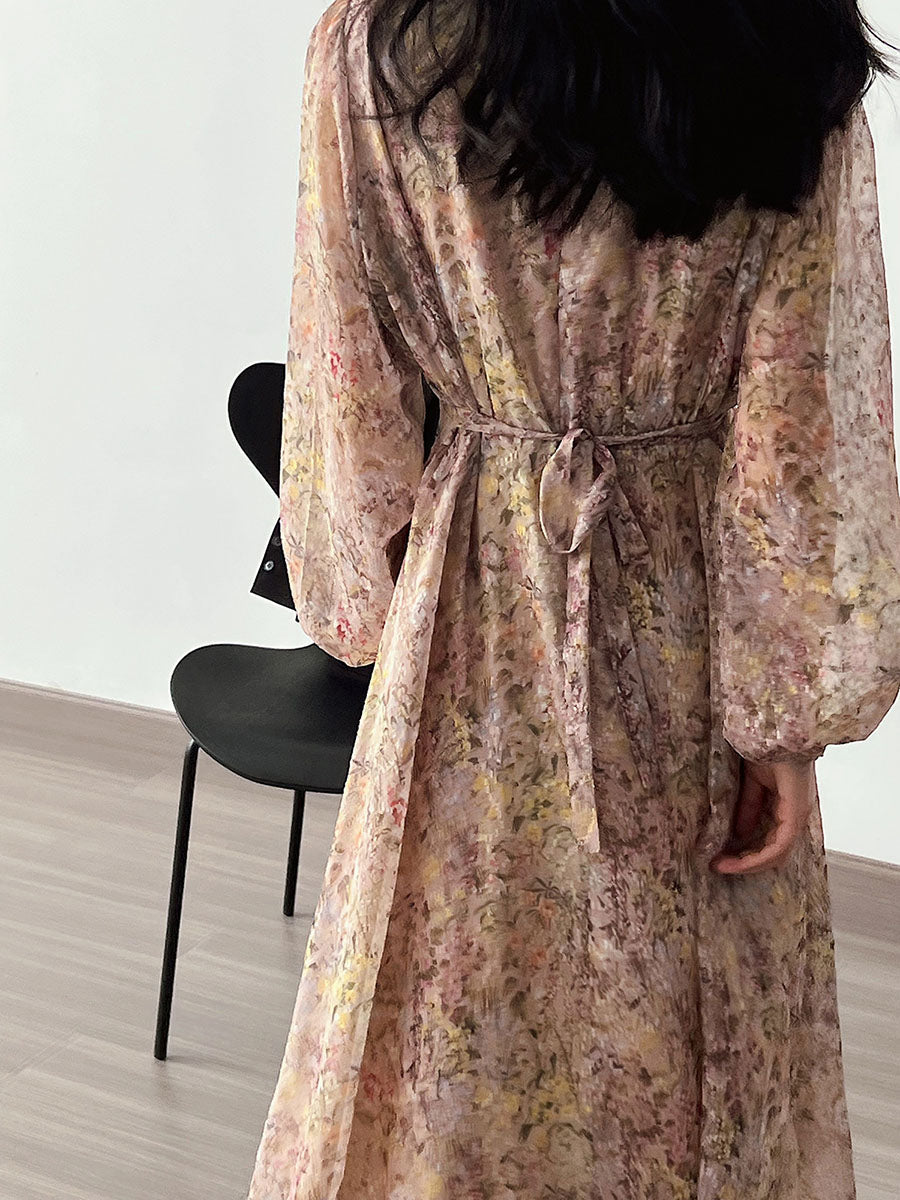 Derpai Elegantes langes Kleid mit Blumenprint Puffärmeln & V-Ausschnitt – für Urlaub