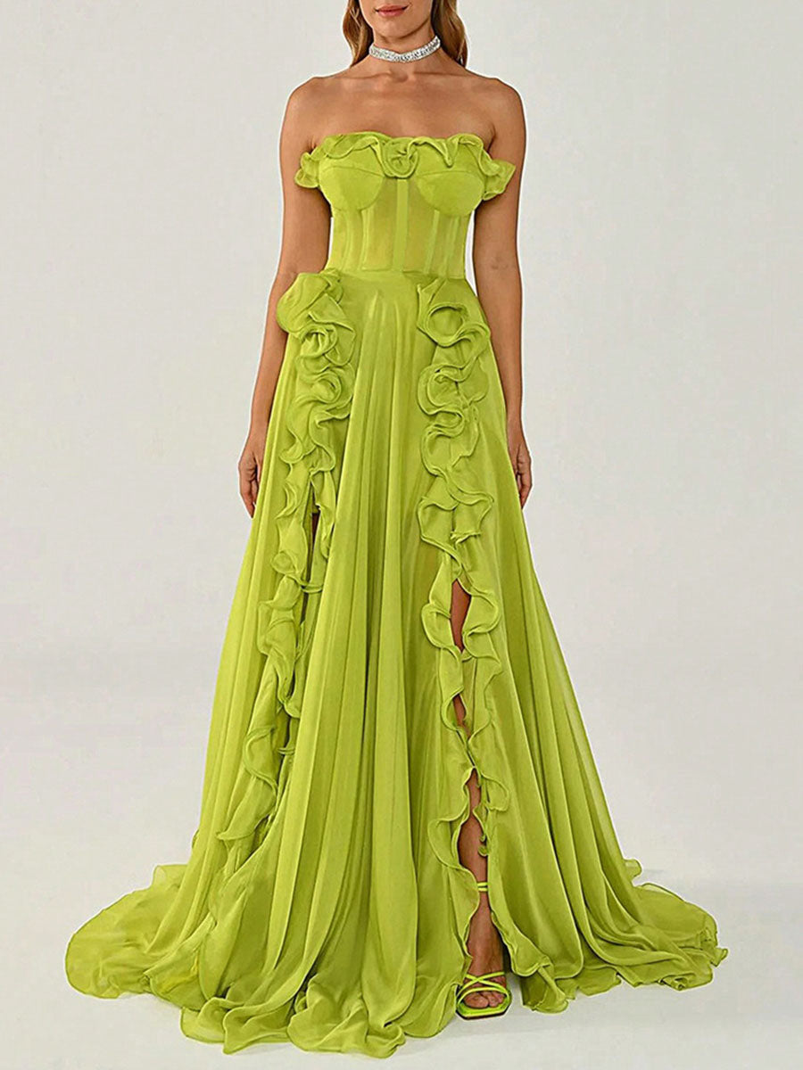 Derpai Grünes Bustierkleid mit Schlitz & Rüschen – für Hochzeit
