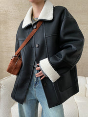Derpai Fliegerjacke aus Kunstleder wendbar Knopfleiste Damen