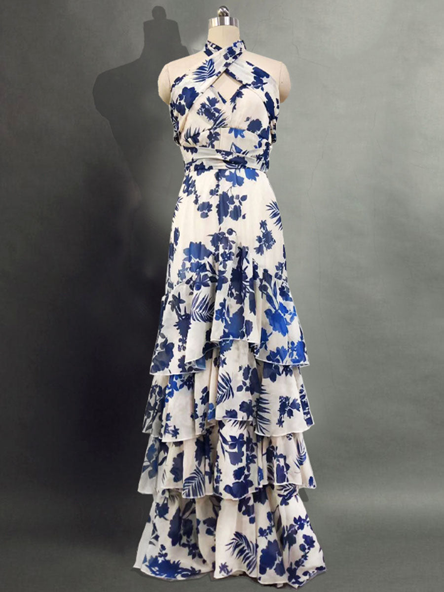 Derpai Elegantes langes Boho-Kleid mit Blumenprint Neckholder & Rüschen-Saum – für Urlaub & Ball